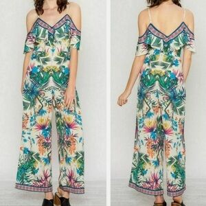 Flying Tomato Tropical Jumpsuit Womens S Tan Floral Spaghetti‎ Strap Wide Leg